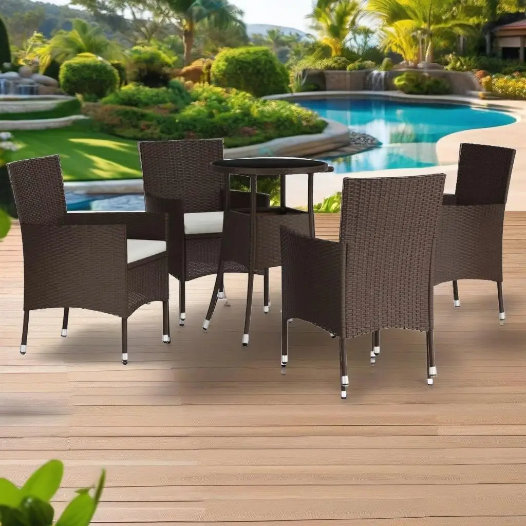 

5-Piece Brown Poly Rattan Patio Bistro Set with Cushions - Outdoor Furniture for Stylish Relaxation