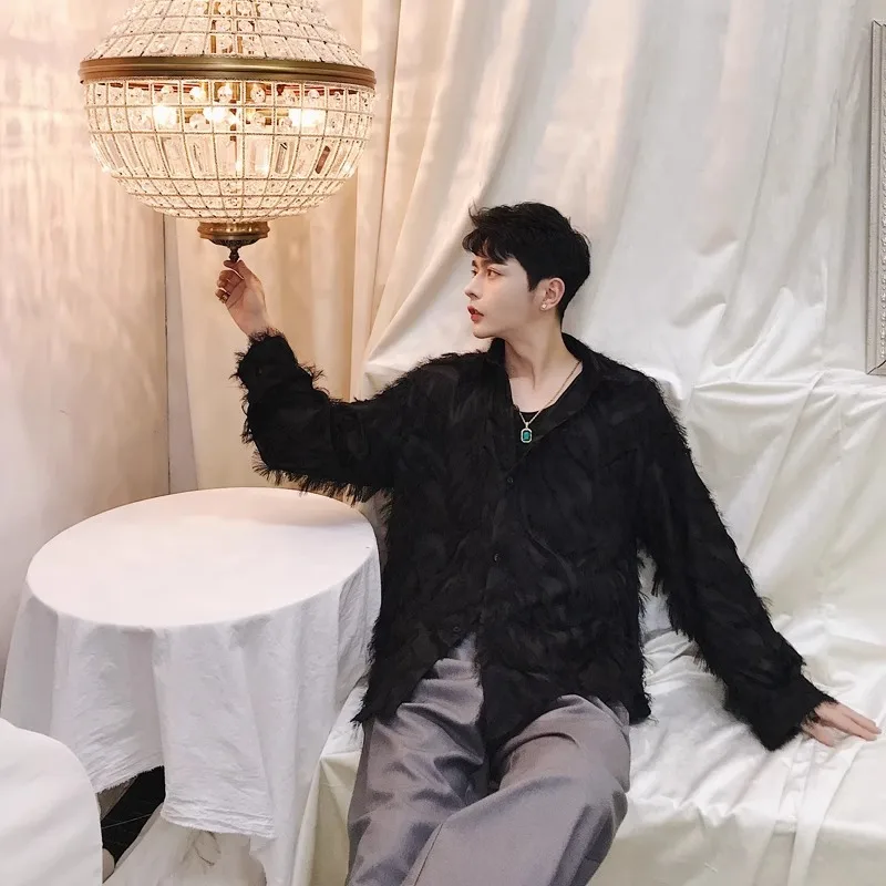 

Men's Long Sve irt Fringe See tough Stage Design Sensation High End Feeling k Feather Tassel Breathable Youth Faion