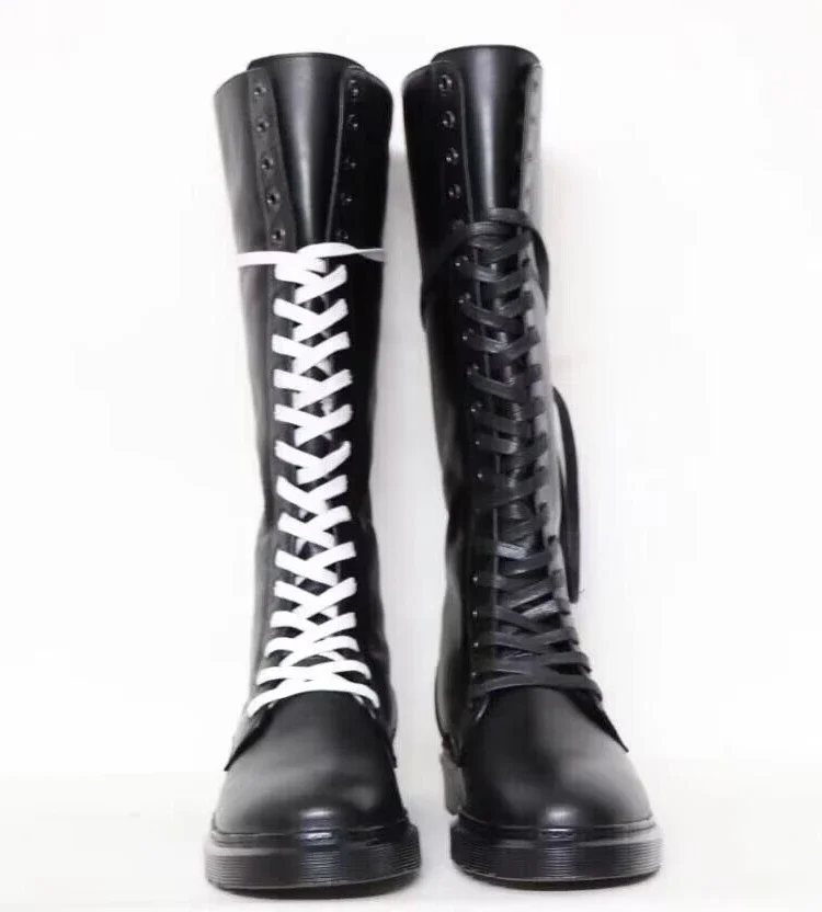 Lace Up Cowhide Knight Boots for Men Black Genuine Leather High Boots Back Zipper Over The Knee Motorcycle Boots Winter Shoes