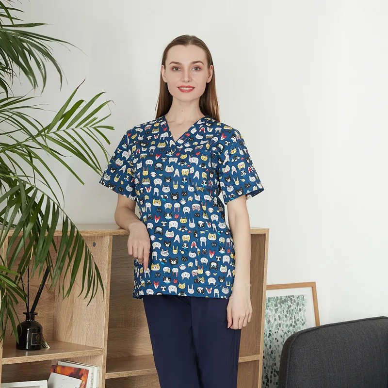 Printed Women's Scrub Tops Nursing Scrubs Uniform V-Neck Short-Sleeved Medical T-Shirt Unisex Hospital Doctors Clothes Lab Coat