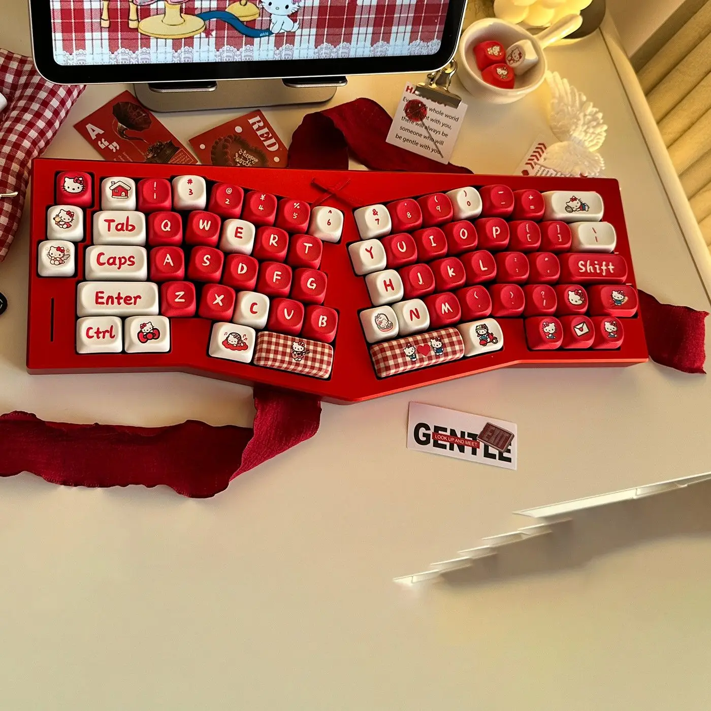Sanrio Hello Kitty Red Plaid Pbt Keycaps Set, Moa Profile Dye Sublimation Cute Custom Keycaps Fit Alice Layout 61/68/75/87/104
