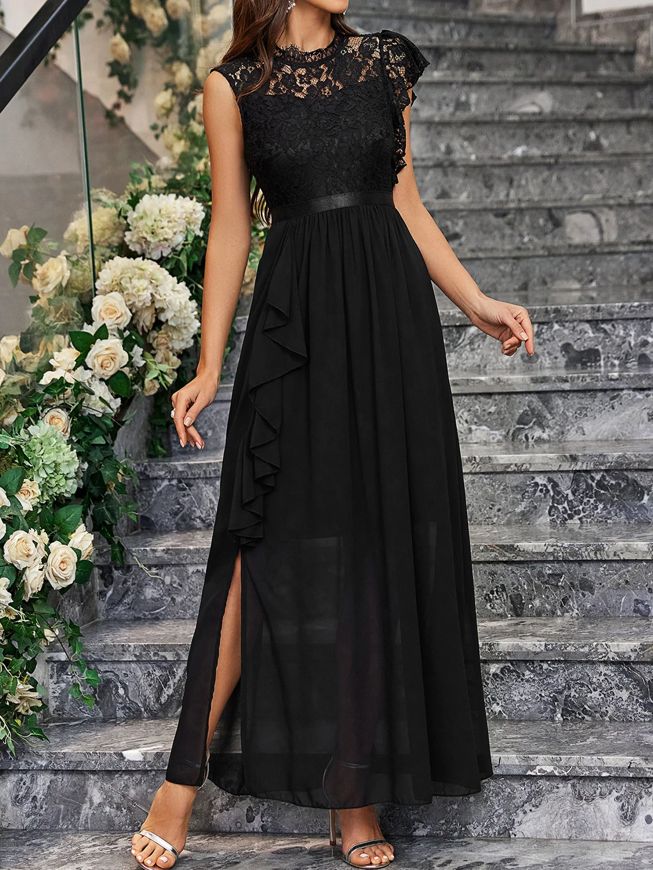 Sommer Hochzeit Gast Kleider für Frauen ärmellose Spitze abgestuften Tüll klassischen O-Ausschnitt Ballkleid Bankett Party kleid für jede Jahreszeit