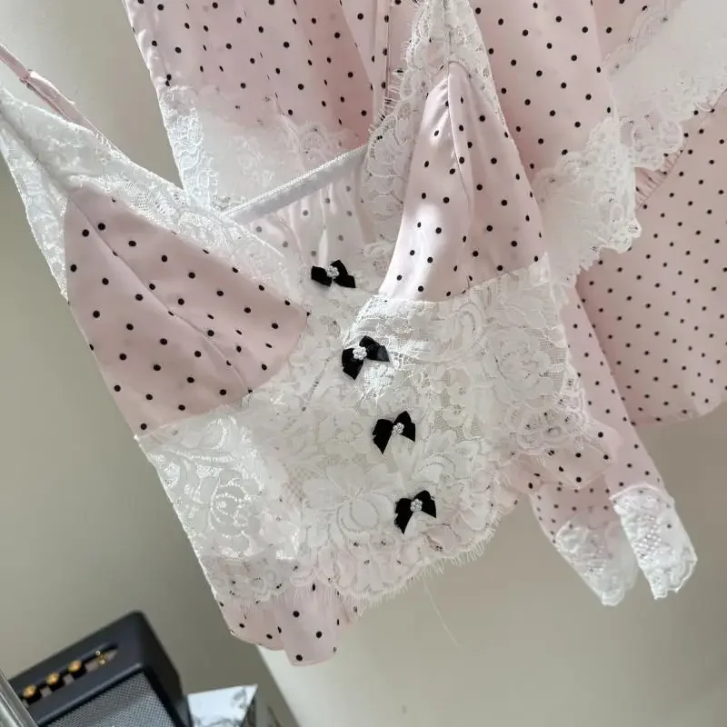 Sexy Vest Top Shorts Pijama Mujer Summer Spring New Loungewear Ice Silk Lingerie Princess Style Pink Dot Lace Pajamas Set
