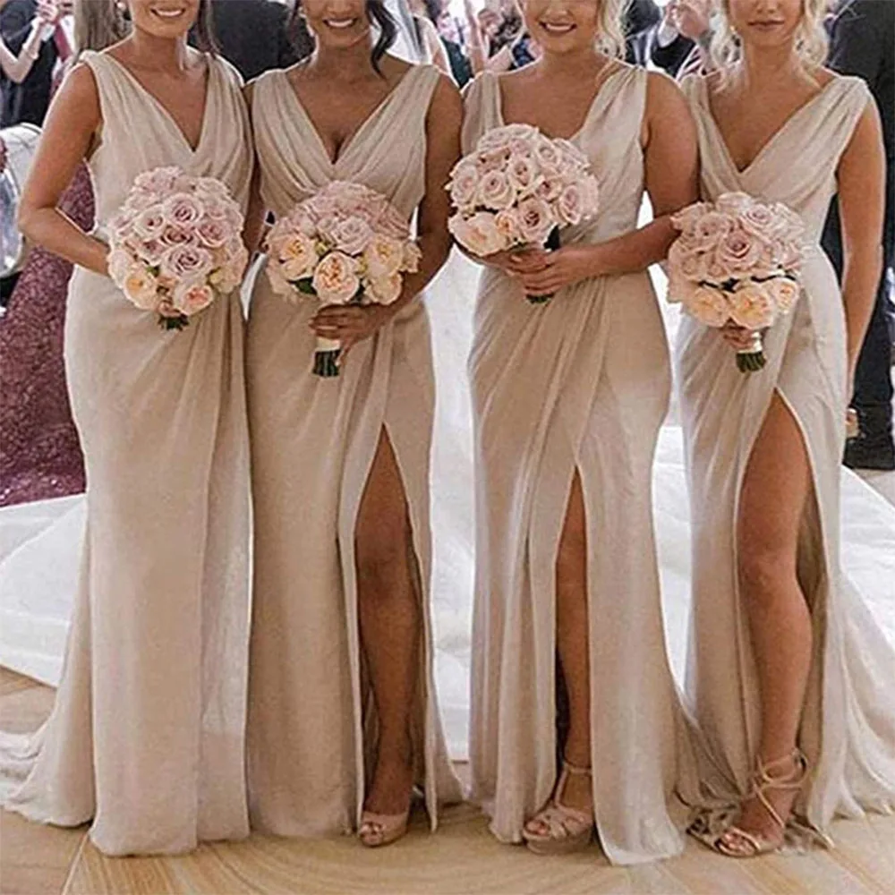 

2022 Chiffon Bridesmaid Dress V-neck Sleeveless Sheath Side Slit Floor Long Country Beach Wedding Formal Evening Dress