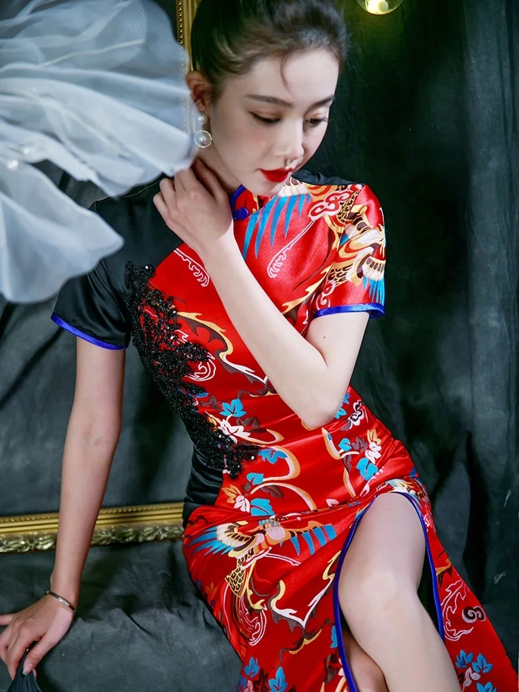 

Ziyuan Xuan Stage Performance Dr ort Sve Embroidery Sle Slimming High Slit Long National Sle Polyester ...