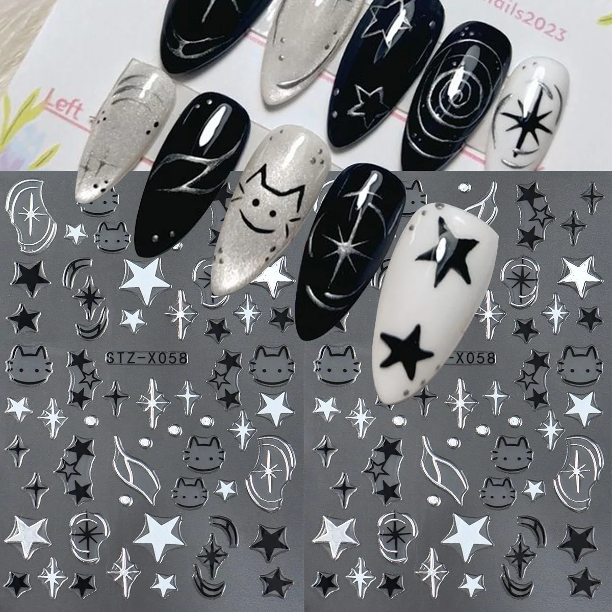 2 Stück Cartoon Metallic Katzen-Stern Nagelkunst-Aufkleber Y2K Ästhetik Japanischer Stil Starburst Nagelsticker DIY Halloween Nagelzubehör