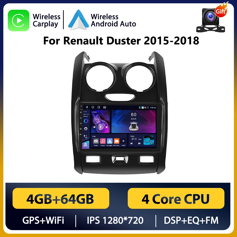 Podofo Draadloze Android Carplay Auto voor Renault Duster 2015-2018 Auto Multimedia Speler Autoradio 2Din WIFI Stereo