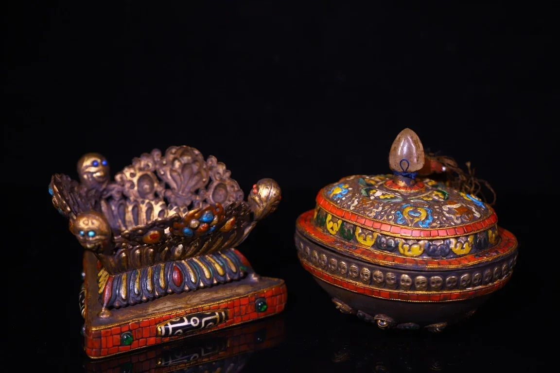 

9"Tibetan Temple Collection Old Gabbra Bowl Tibetan Silver Gilded Mosaic Gem gZi Beads Kapala Skull Cup Amulet Town house