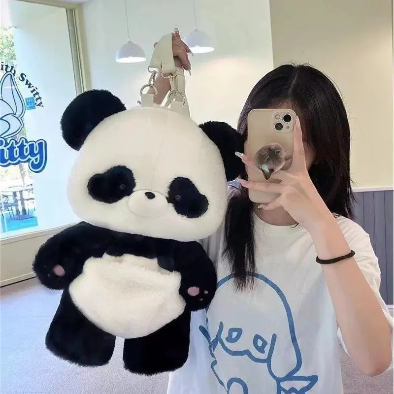 Cartoon Cute Panda Shape Backpack Nylon Plush Material 2 Sizes Available Removable Shoulder Strap Bag Fashion Women\'s Makeup Bag