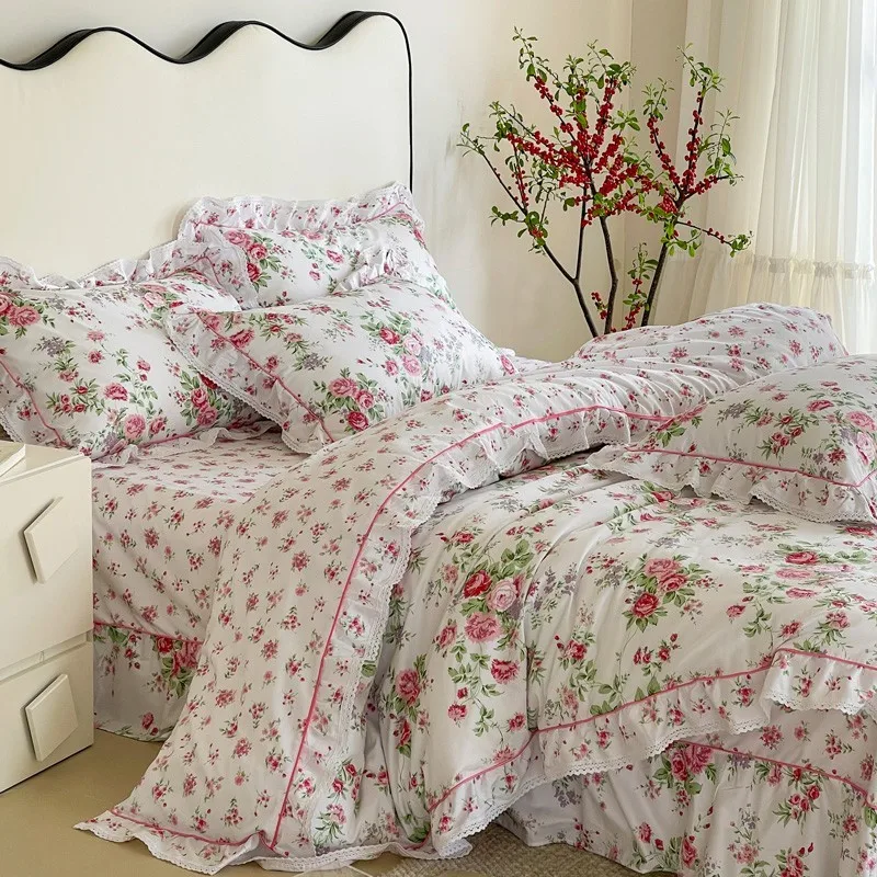 100% Baumwolle Rüschen Bettdecke/Bett bezug Set elegant und Vintage rosa Rose Blumen schöne schicke 4 Stück Bettwäsche Set Bettlaken Kissen bezüge