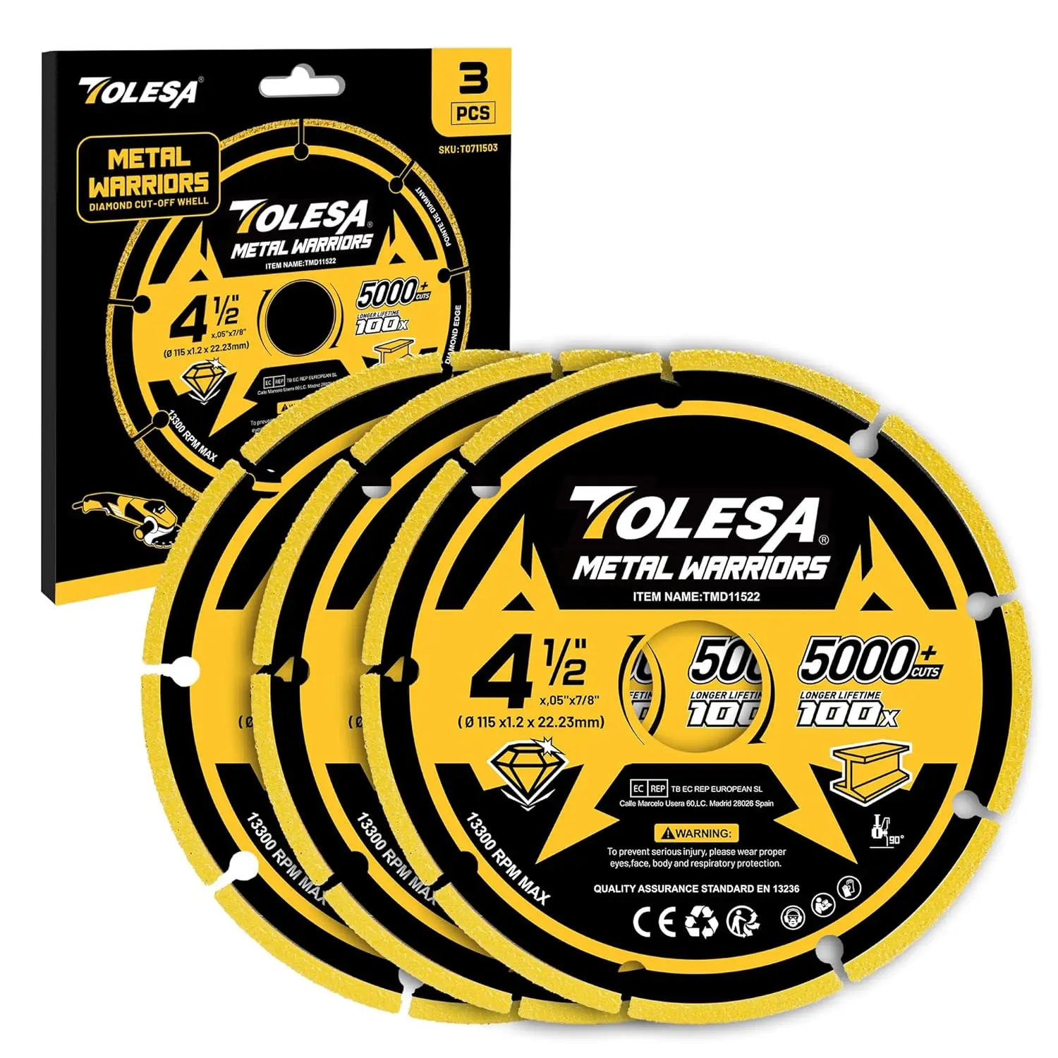 

TOLESA 1/3Pack Diamond Cutting Wheel 4 1/2 x 7/8 Inch Cutting Disc Cut Off Wheel with 5000+ Cuts on Rebar, Steel, Iron and Metal