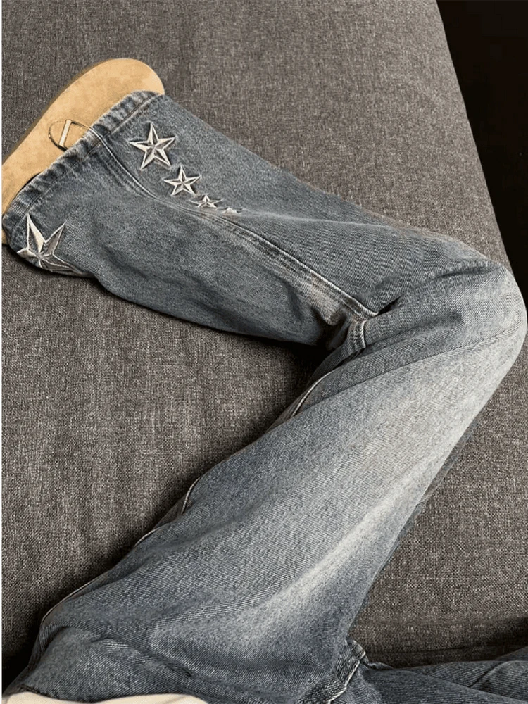 

American High Street Vibe Embroidered Jeans Men's Style Fall Handsome Elegant Long Leg Straight Tube Micro Flare Pants