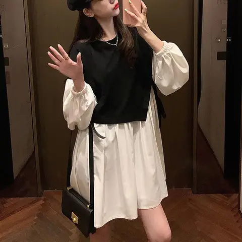 여름 여성 플러스 사이즈 슬림핏 롱 드레스 - 안티 에이징 카모마일 티 디자인, 허리 조임이 있는 우아한 스타일 12_하트알리 용수철 페이크 투피스 패치워크 미니 드레스, 긴팔 O넥, 루즈 레이싱 캐주얼 드레스, 패션 트렌드 여성 의류, 가을 신상