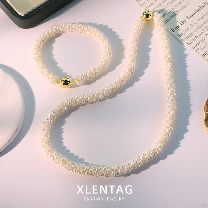 Natural Freshwater Pearl Magnetic Clasp Caterpillar Necklace And Bracelet Handmade Custom Fashion Women'S Jewellery Set GN0644