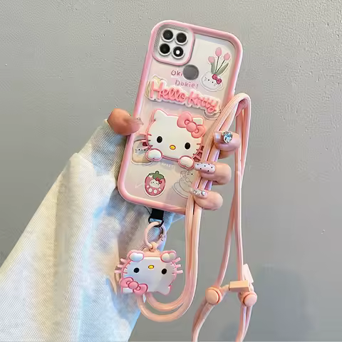Crossbody Phone Case For Samsung Galaxy A22 A22S A23 A24 A25 A32 A34 A35 5G 3D Cartoon Hello Kitty Kuromi Lotso Bear Strap Cover
