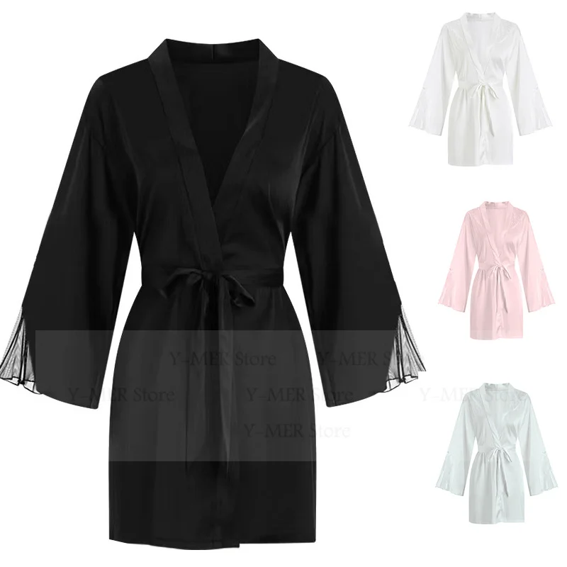 

Sexy Lingerie Sleepwear Solid Color Kimono Gown Ice Silk Vestidos De Novia Satin Sleepwear Robe Short Nightgown Pijama Mujer