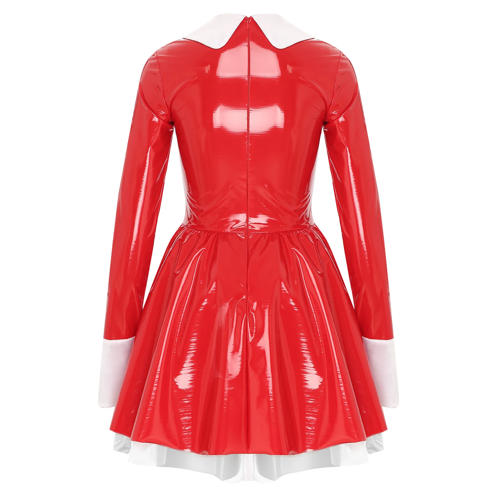 Womens Sweet Maid Cosplay Patent Leather Dress Long Sleeve Satin Apron Tulle Underskirt A-Line Dresses Dress-up Party Costumes