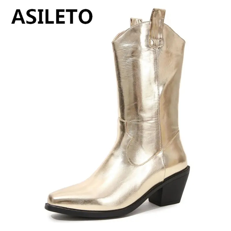 ASILETO Women Western Cowboy Boots Square Toe Chunky Heels 6cm Slip On Plus Size 43 44 45 Soft Daily Female Bota Gold Silver