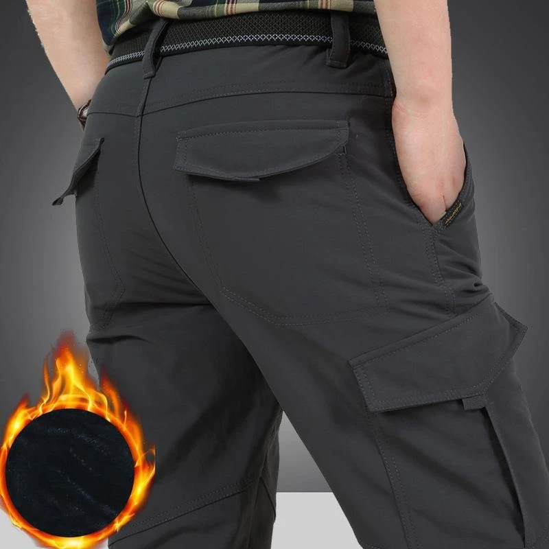 Men Fleece Lined Softshell Pants Winter Thick Multi‑Pocket Cargo Loose Straight Outdoor Hiking Trekking Climbing Trousers