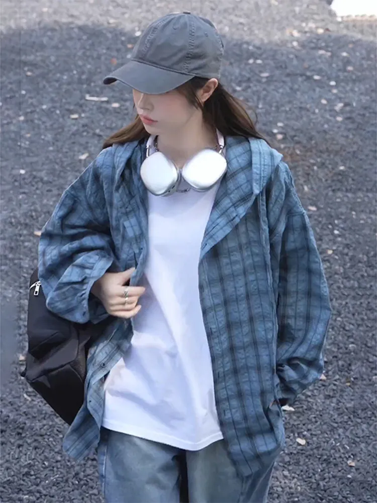 Outdoor Lightweight Sun-Protective Plaid Hooded Shirt Jacket Loose Long Sleeve Casual Style for Men And Women Spring 2026