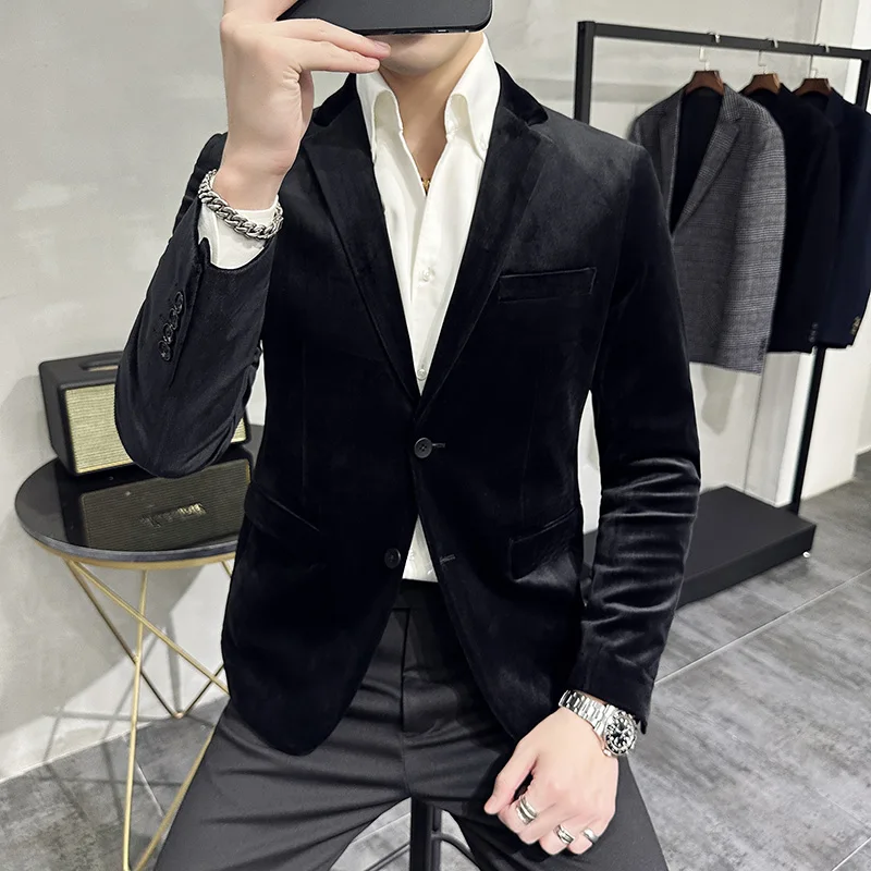 High Quality Velvet Wedding Suit Jacket Men Slim Fit Casual Business Blazer Masculino Social Banquet Stage Singer Dress Coat