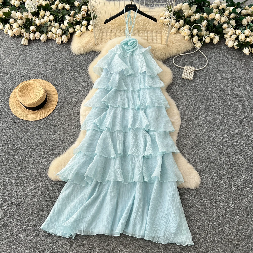 Chic vintage chiffon ruffle halter Ruched Elegant dress Fairy korean fashion Boho Sundress women clothing