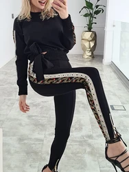 2024 Autumn Skinny Two Piece Sets Womens Outifits Fashion Long Sleeve O-Neck Top & Contrast Sequin  Casual High Waist Pants Set