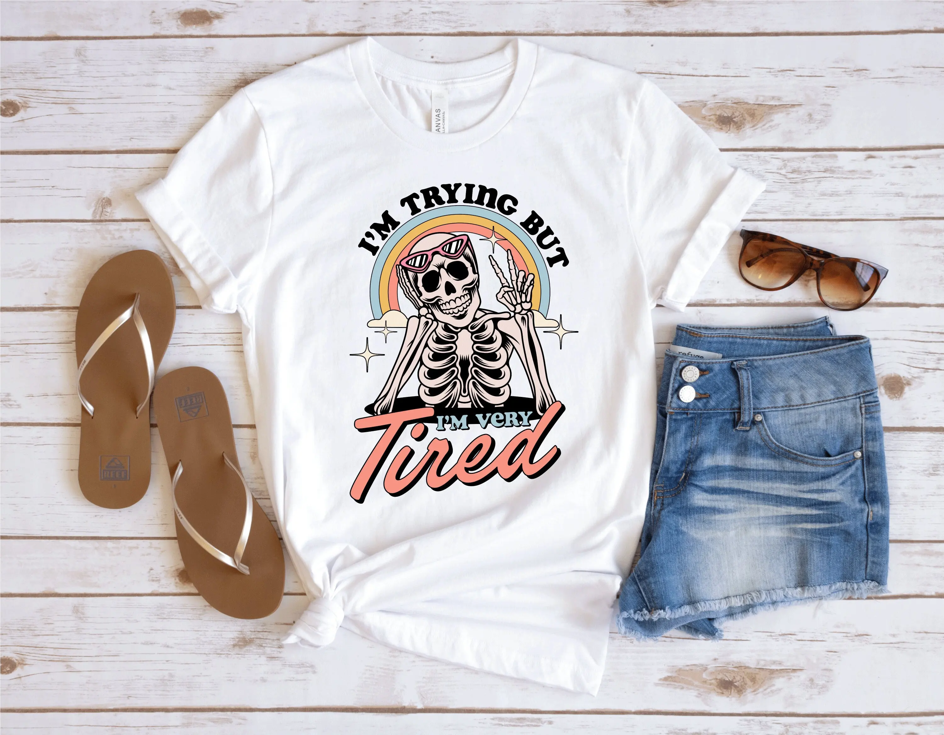 I'M Trying But Very Tired Skeleton T Shirt For Mental Heath Sarcastic Trendy Peace Sign