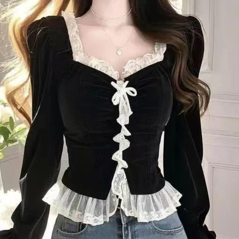 Autumn and Winter Black Velvet Shirt Fashion New Long Sleeve Chic Top