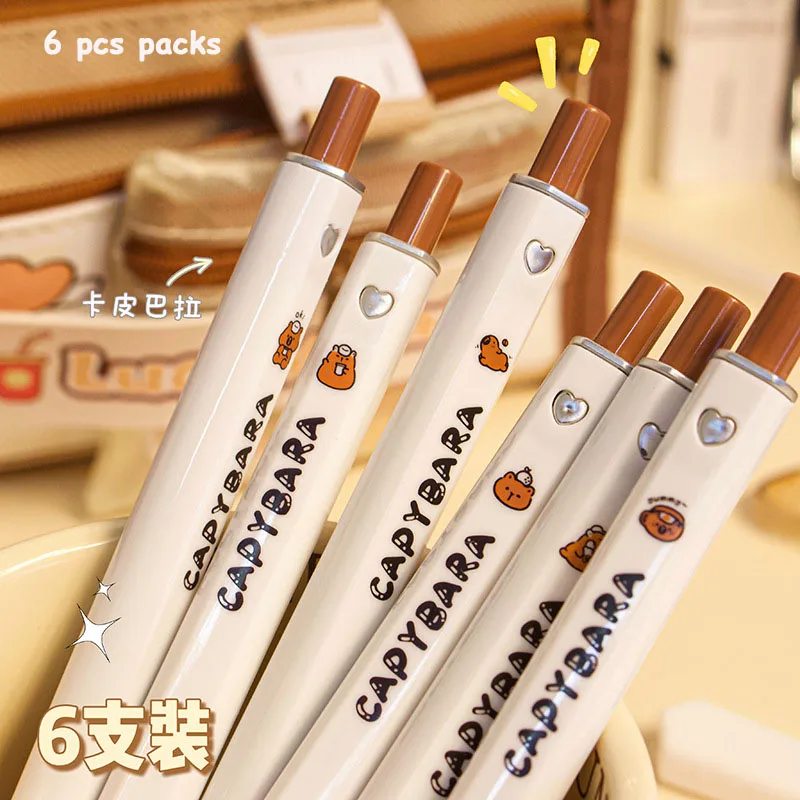 Kawaii 6 PCS ST Tip Gel Pens Capybara Quick Office Stationery Funny Pressing Pens Smoothly Writing Aesthetic School Supplies