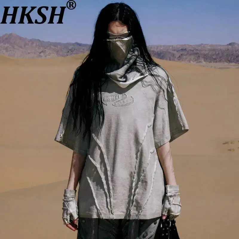 

HKSH Summer New Men Tide Dark Punk Waste Land Deconstructes Washed Vintage Texture T-shirt Structure Chic Ins Tees Retro HK4421