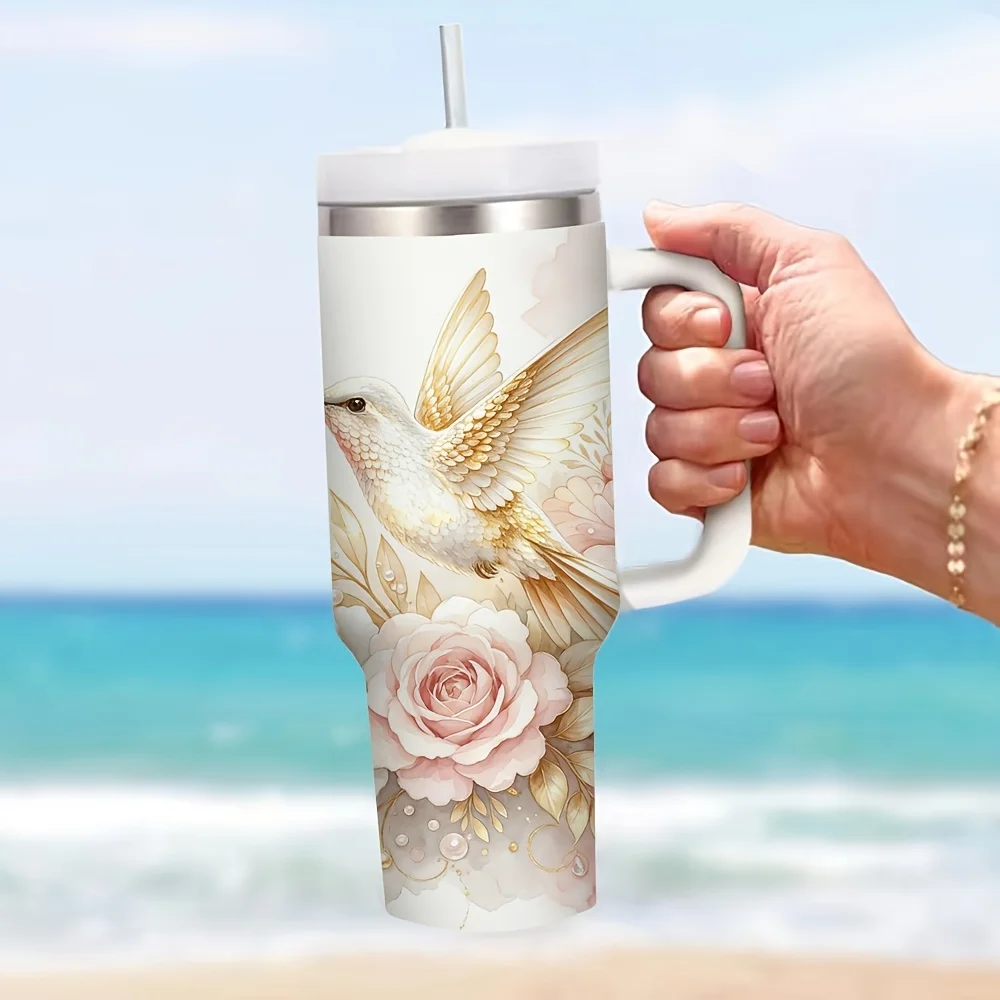 40Oz Tumbler with Straw And Handle, Soft Elegant Pink Floral And Hummingbird Print, Fits All People, Suitable for Hot And Cold Drinks, Perfect for Summer Winter Daily Use And Outdoor Activities