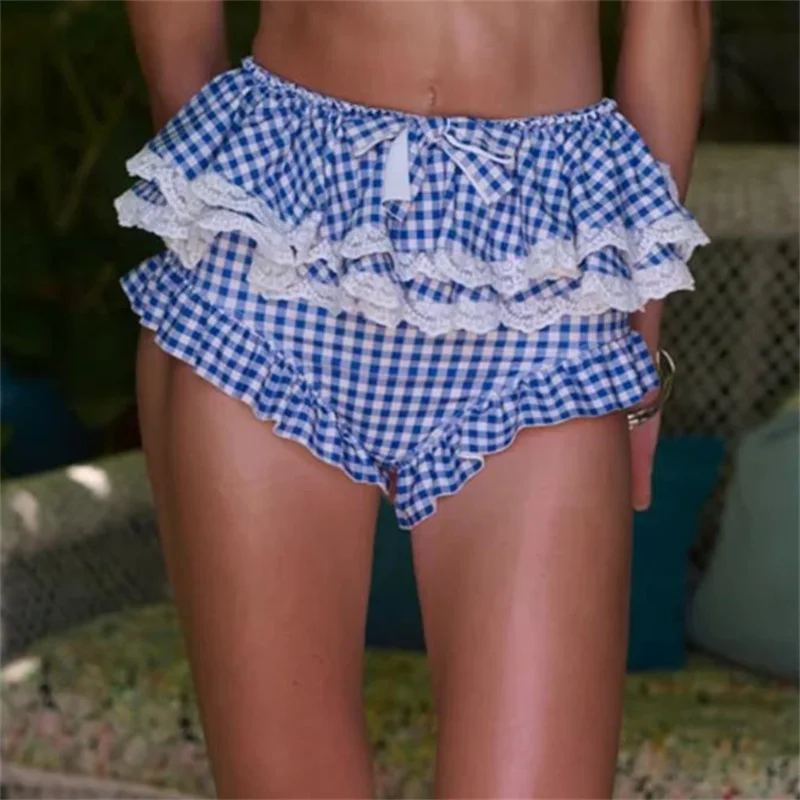 Szorty w kratę w stylu vintage z lat 90., elastyczne, dopasowane, typu bloomers, damskie, kawaii, do noszenia w domu, retro, w stylu fairy, Y2K, urocze majtki, spodnie.