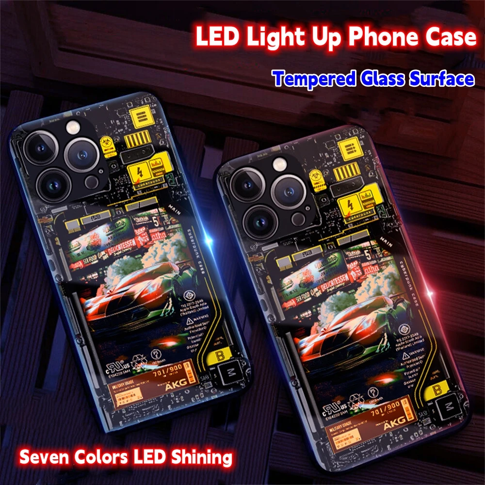 

Punk Car Design Smart LED Light Glow Tempered Glass Phone Case For Samsung S24 S23 S22 S21 S20 FE Note 10 Plus 20 Ultra A54 A14