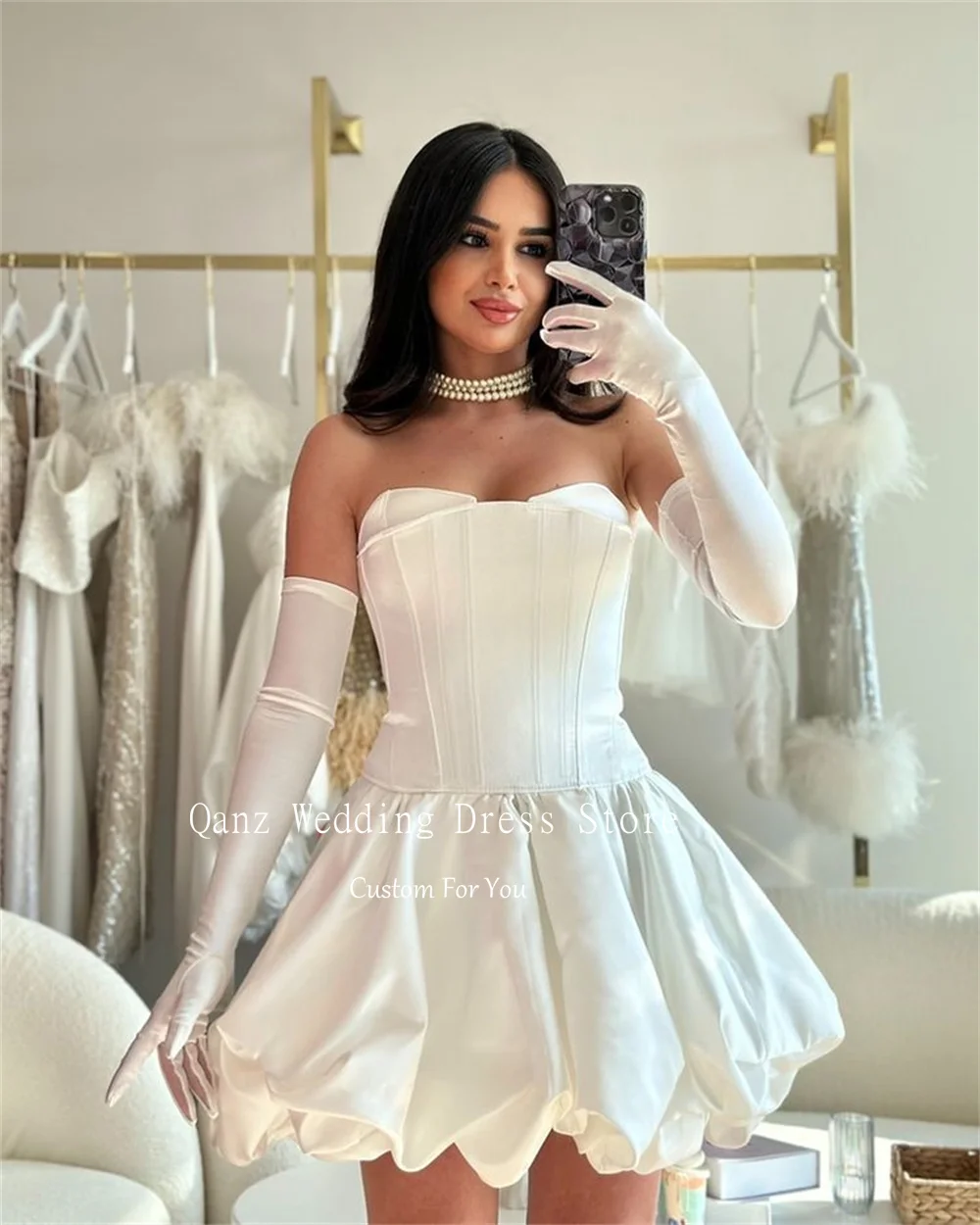 Qanz Beach White Satin Wedding Dress Short A Line Bones Lace Up Back Party Gowns Women Vestidos De Boda Para Fiestas Customized