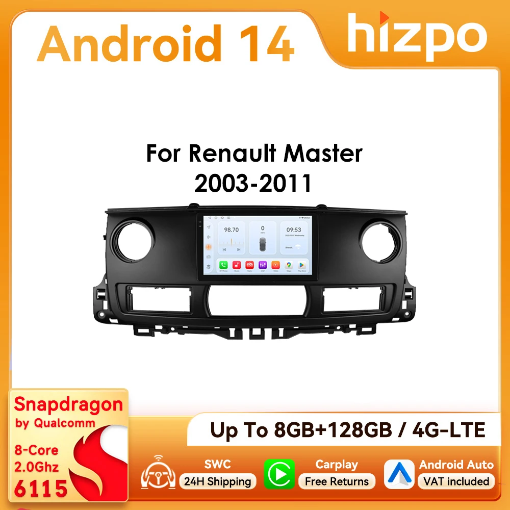 Hizpo 10,1 Zoll Android14 Autoradio für Renault Master 2003–2011 RDS DSP GPS Navigation CarPlay BT 4G Snapdragon 6115 Steuergerät