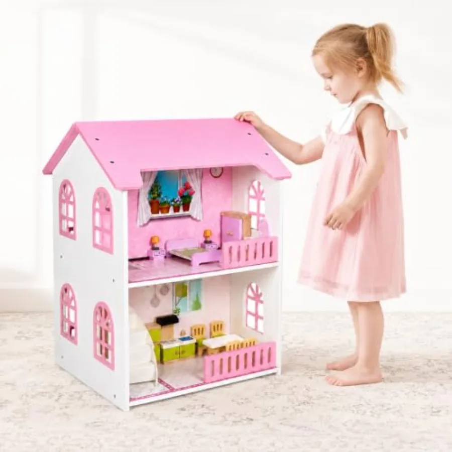 Wooden dollhouse for girls: two-storey pink house with furniture, 4-room DIY pretend play set, creative birthday gift for toddl