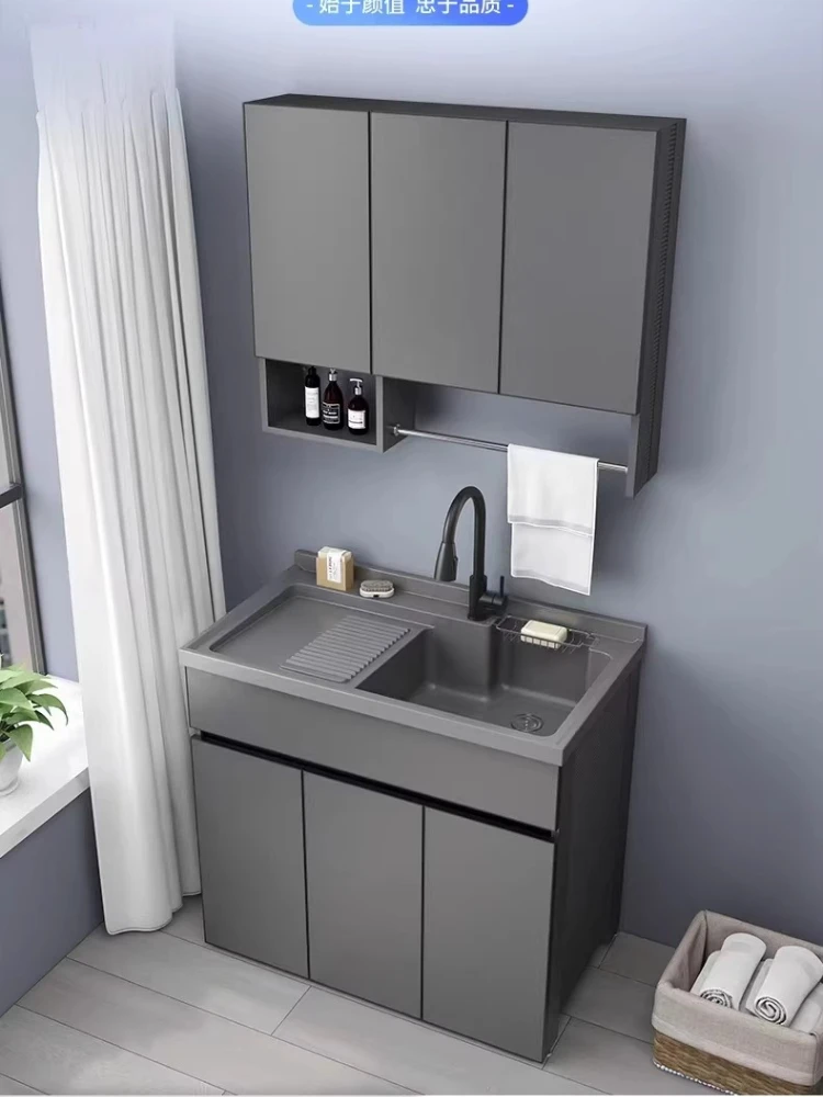 

Алюминиевый балконный шкаф для стиральной машины с интегрированной тумбой для ванной, раковиной из искусственного камня и тумбой для прачечной с гладильной доской