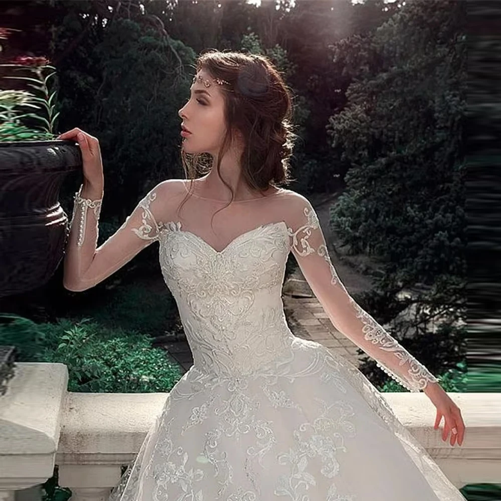 فستان زفاف دانتيل مطرز فاخر مخصص للمرأة العروس كم طويل تول تنورة فستان زفاف فيستدو