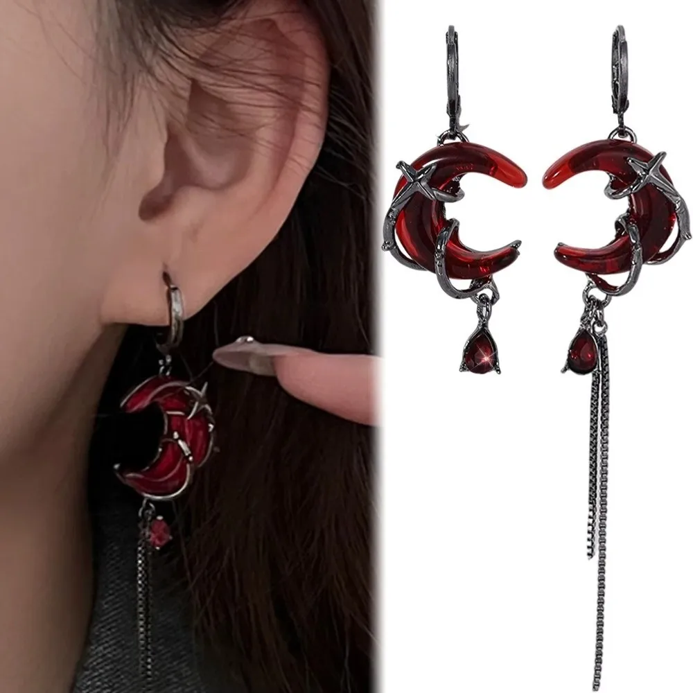 Red Crystal Rhinestone Moon Earrings Gothic Style Tassel Chain Asymmetry Earrings Sweet Cool Jewelry Women Dangle Earrings