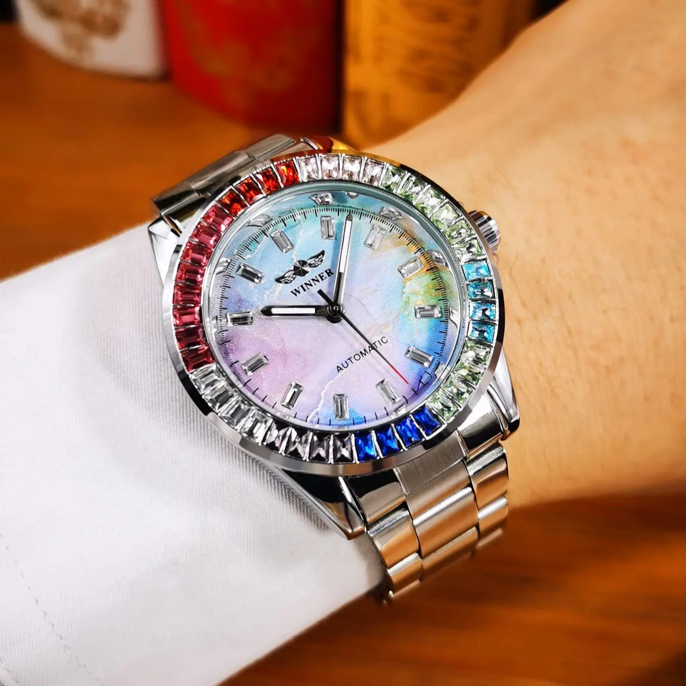 WINNER Fashion Iced Out Mechanical Watch for Men Luminous Hands Stainless Steel Strap Top Brand Luxury Automatic Watches New
