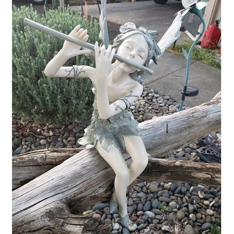 

West Wind Fairy Garden Statue Sitting Flower Fiary Guardian Angel Figure Outdoor Decoration Tree Yard Winged Fairy Sculpture