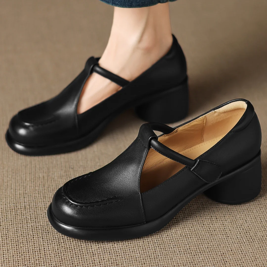 

Women's cow leather narrow band t-strap slip-on loafers 5cm round med heel platform casual female high quality soft moccasins