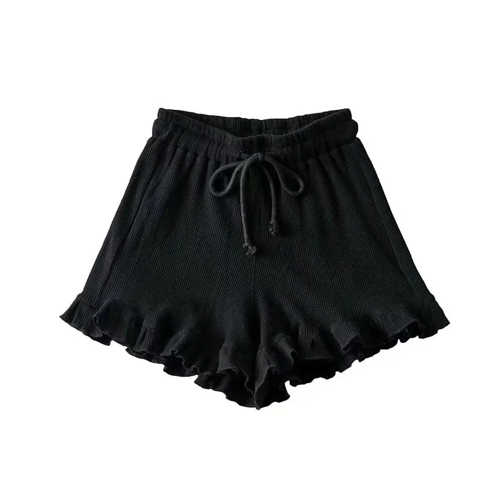 Shorts Femininos Casuais de Cintura Elástica Estilo Y2K Moda Verão 2026 com Cordão e Babado na Cintura Alta - Hot Pants para Uso Doméstico