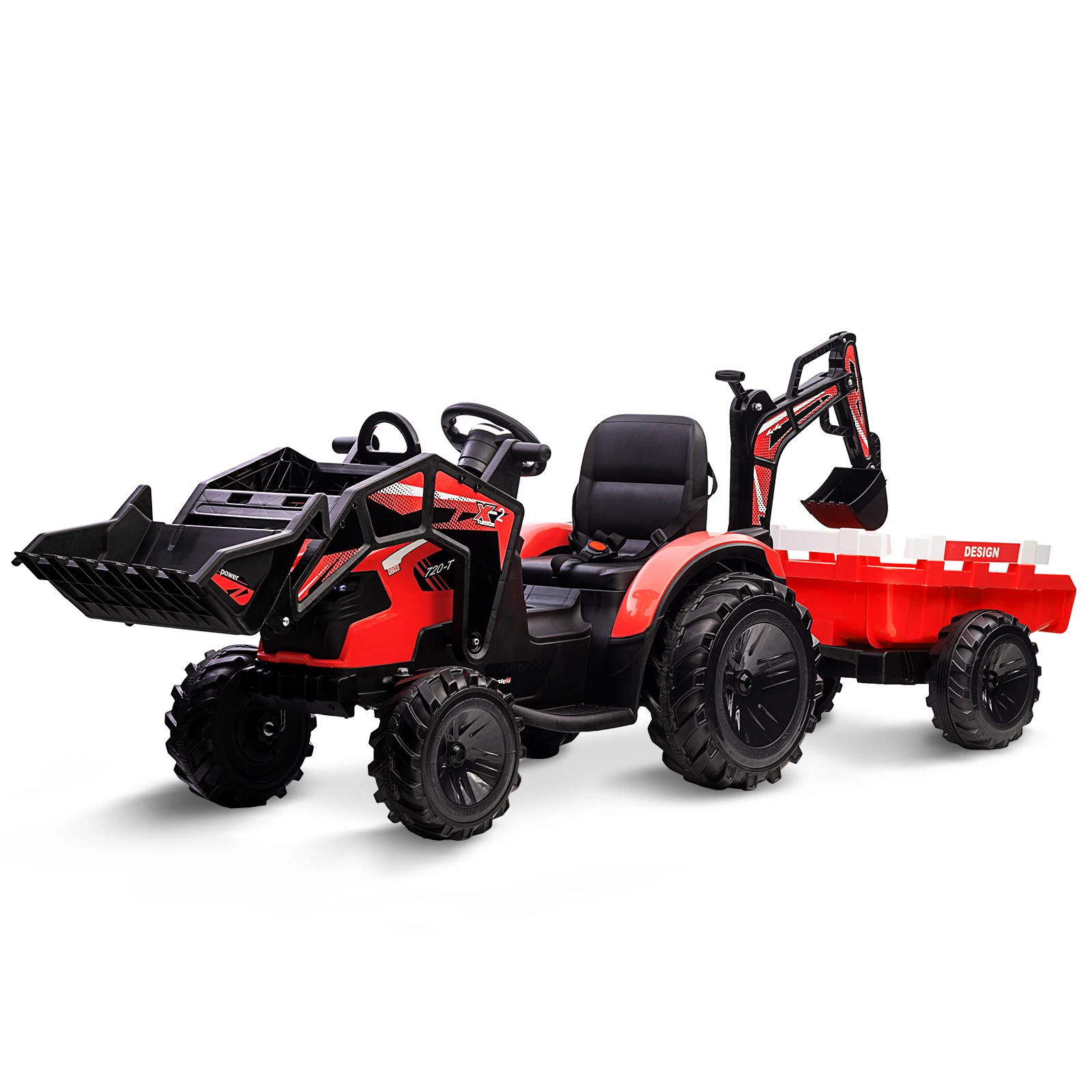Trattore, escavatore e bulldozer 3 in 1, veicolo elettrico 24 V con rimorchio, secchio per pala, escavatore, telecomando, giocattolo per bambini