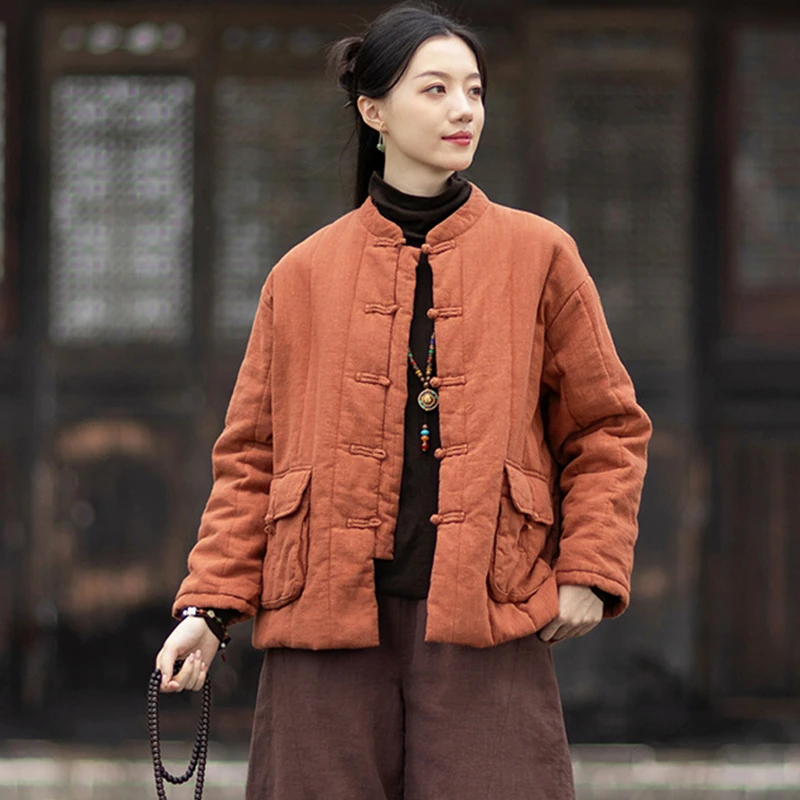 

Женские толстые теплые стеганые пальто, Новое поступление 202, осень, китайский стиль, большие карманы, свободное женское хлопково-льняное повседневное пальто M2030