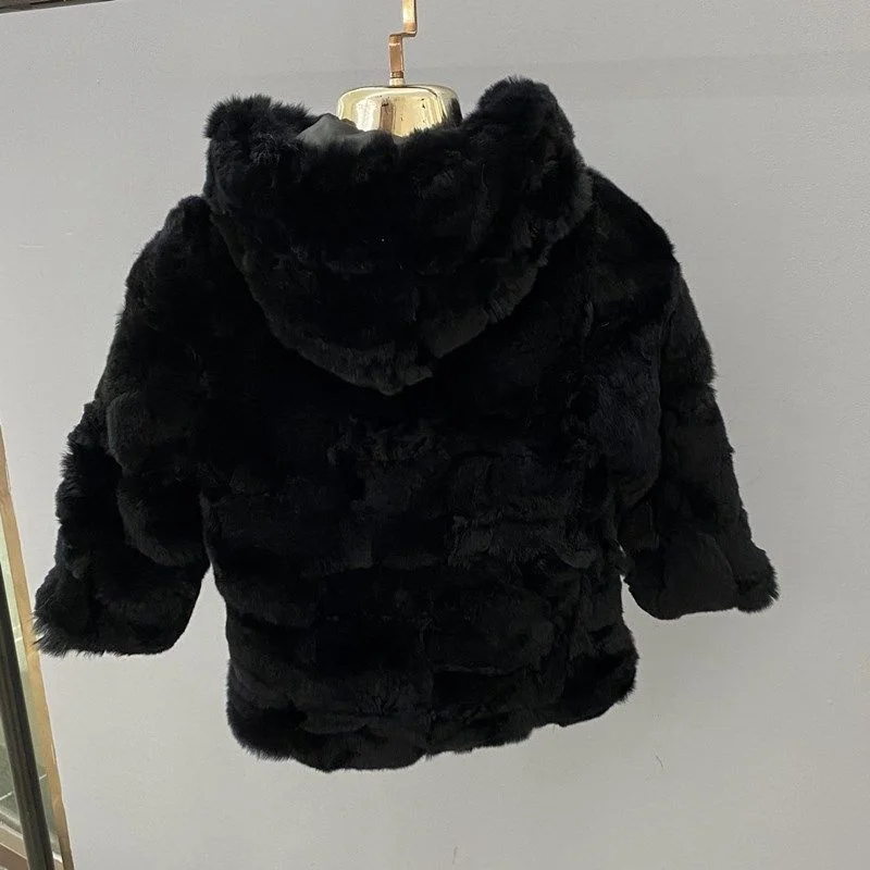 Winter New Rex Rabbit Fur Coat Children Fashion Hooded Jackets For Girl Boy Outerwear Thickened Warm Kawaii Kids Clothing