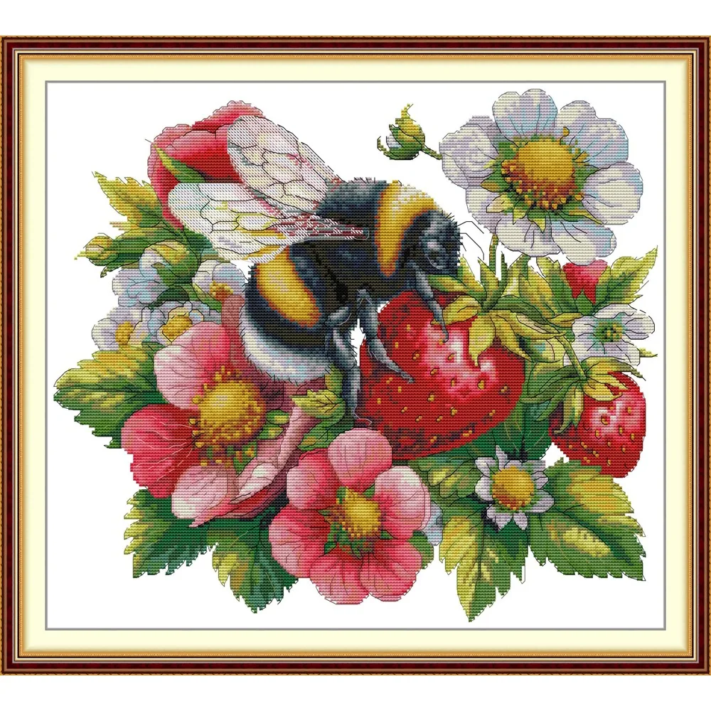 Joy Sunday News Pre-Printed Cross Stitch Kit, Stamped Aida Fabric with DMC Threads, Embroidery Kit - Bees and Strawberries