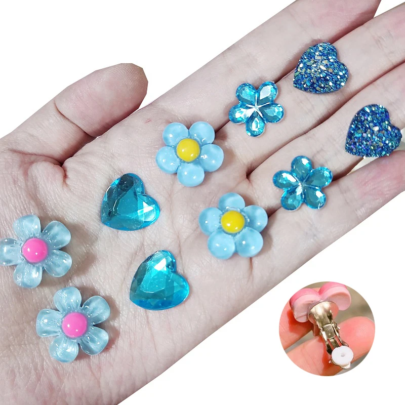 5pairs Cute Blur Color Ice Syles Flower Heart Ear Clips Children Clip Earrings Girl Resin no Piercing earring for children kids