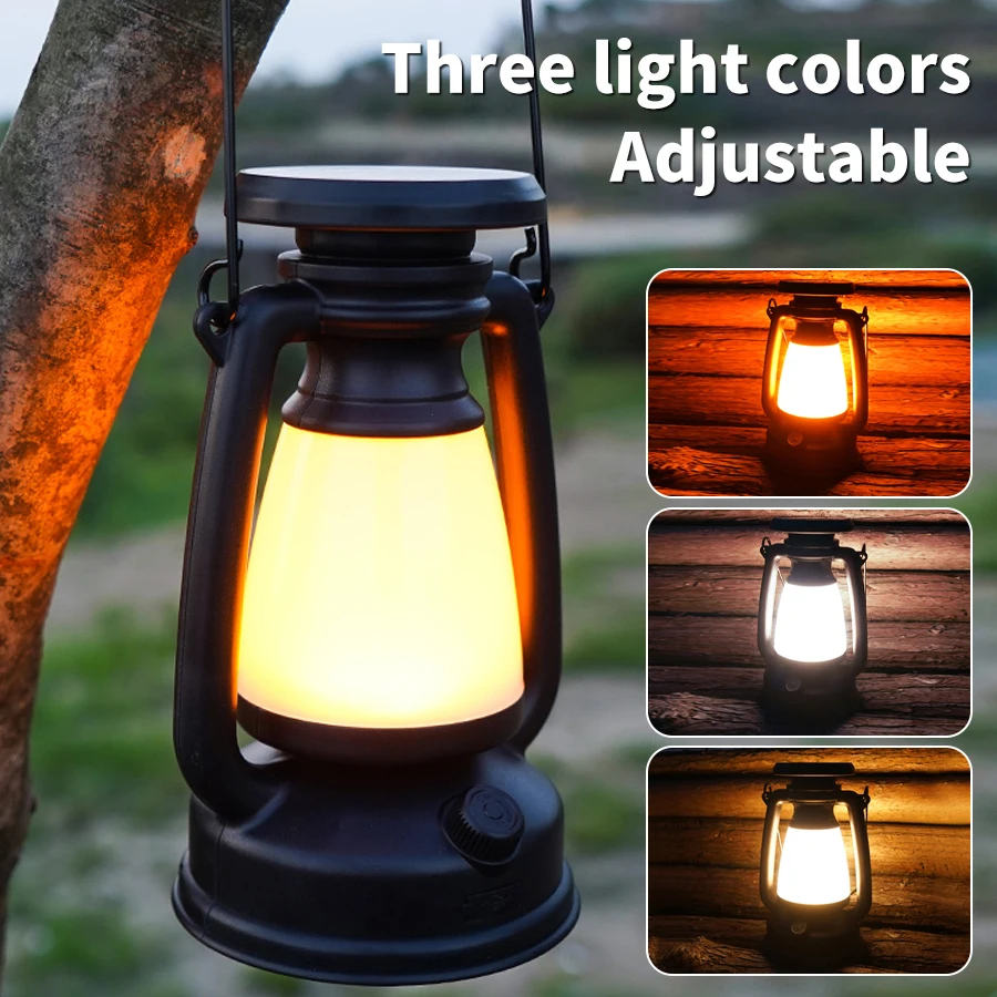 Lumières de camping en plein air rechargeables USB, lumière de tente rétro, 3 modes d'éclairage, gradation en continu, portable, randonnée, pêche, lumière solaire